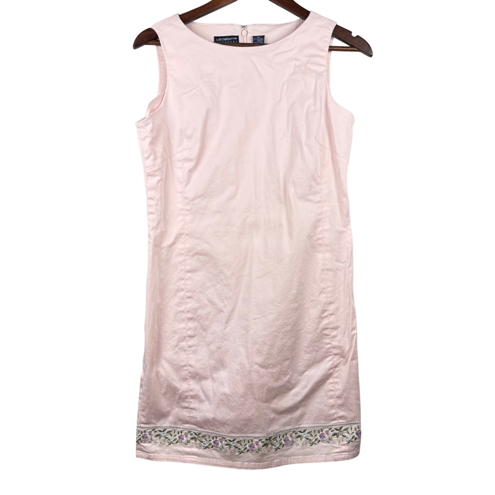 Liz Claiborne Floral Embroidered Hem Shift Dress Womens 10P Pink Garden Party